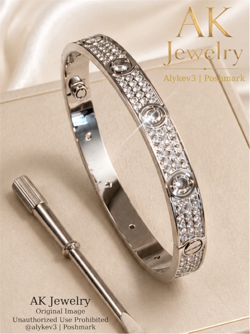 💎LUXURY White Gold Screwdriver Pave CZ Diamond Style Design Bracelet, Bangle